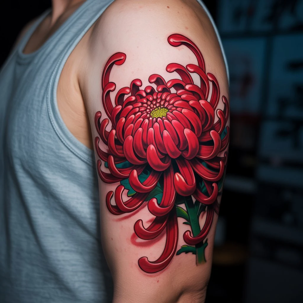 1. Bold Red Chrysanthemum Tattoo