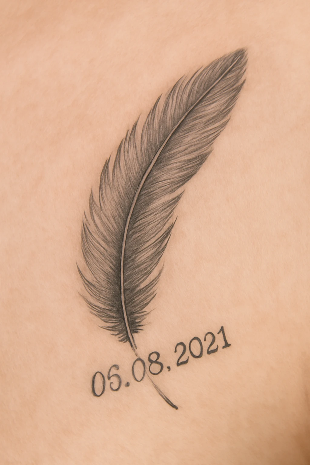 12. Detailed Feather with Date — “Time Carried Lightly”
