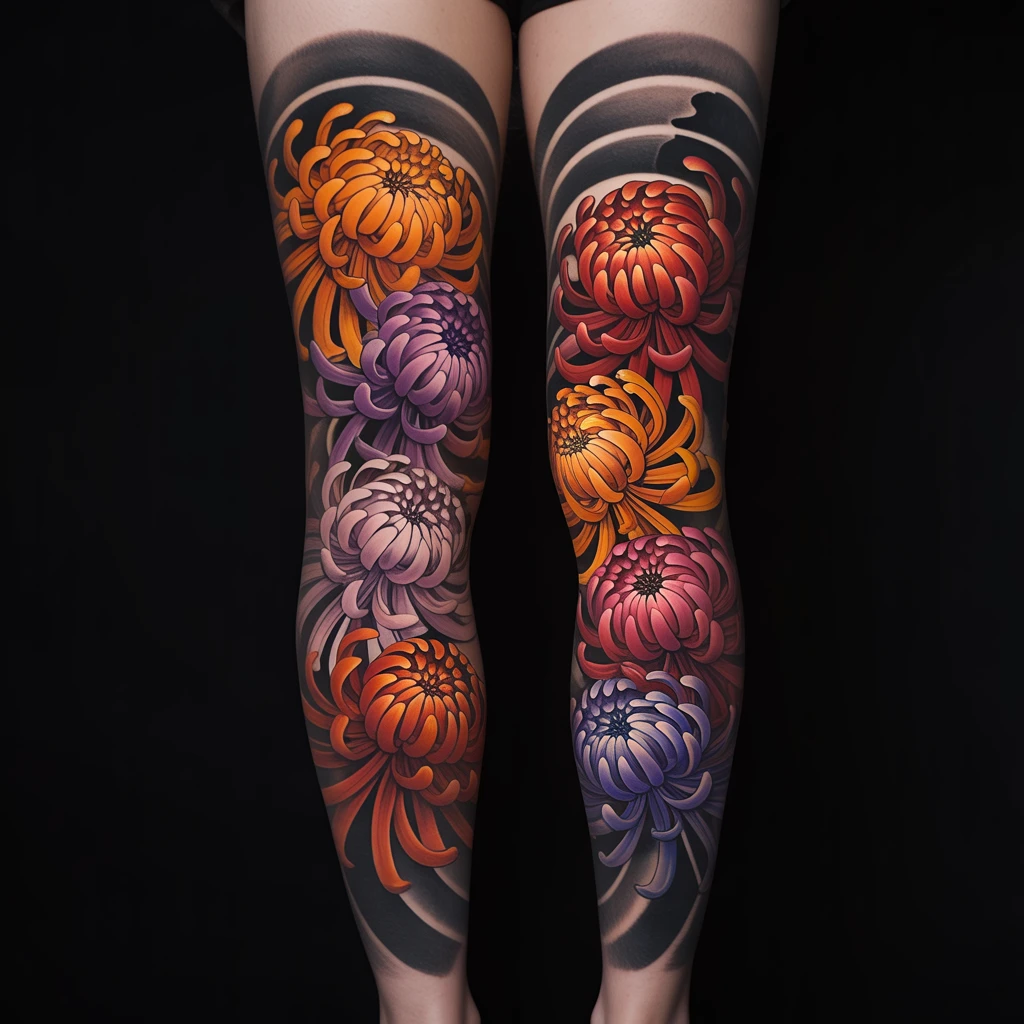13. Vibrant Chrysanthemum Tattoo Leg Sleeve