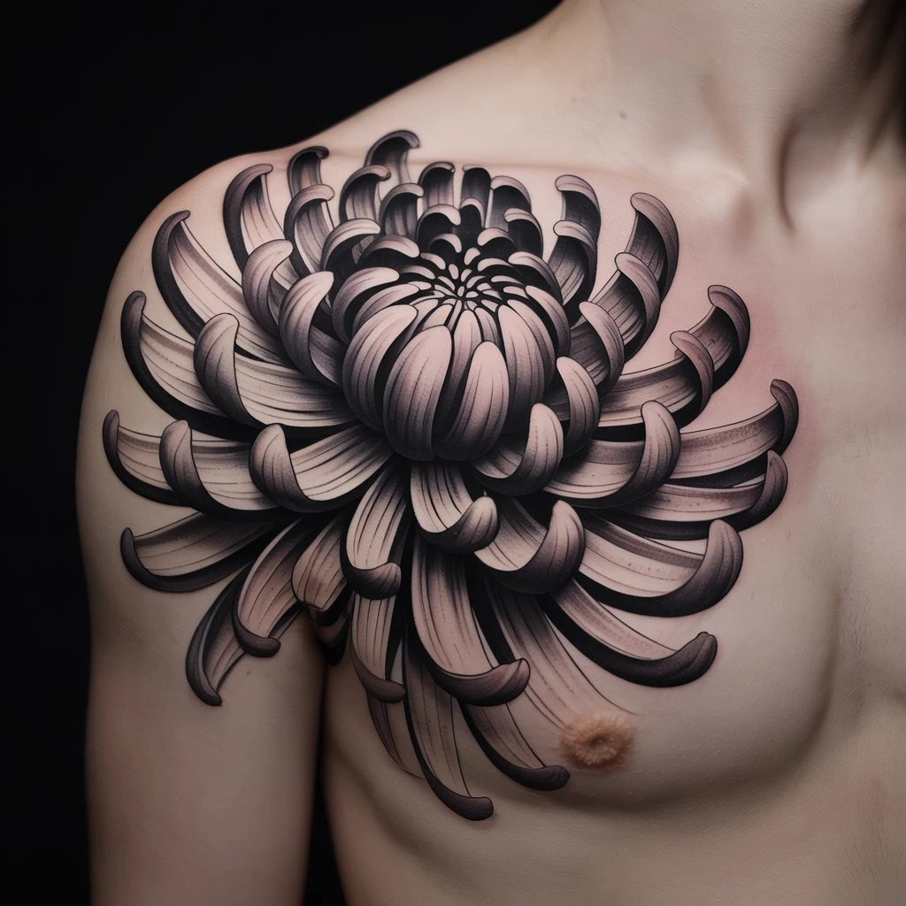 16. Intricate Black Chrysanthemum Tattoo