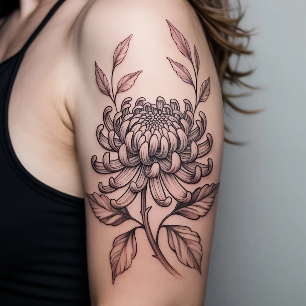 17. Intricate Chrysanthemum Tattoo with Leafy Accents