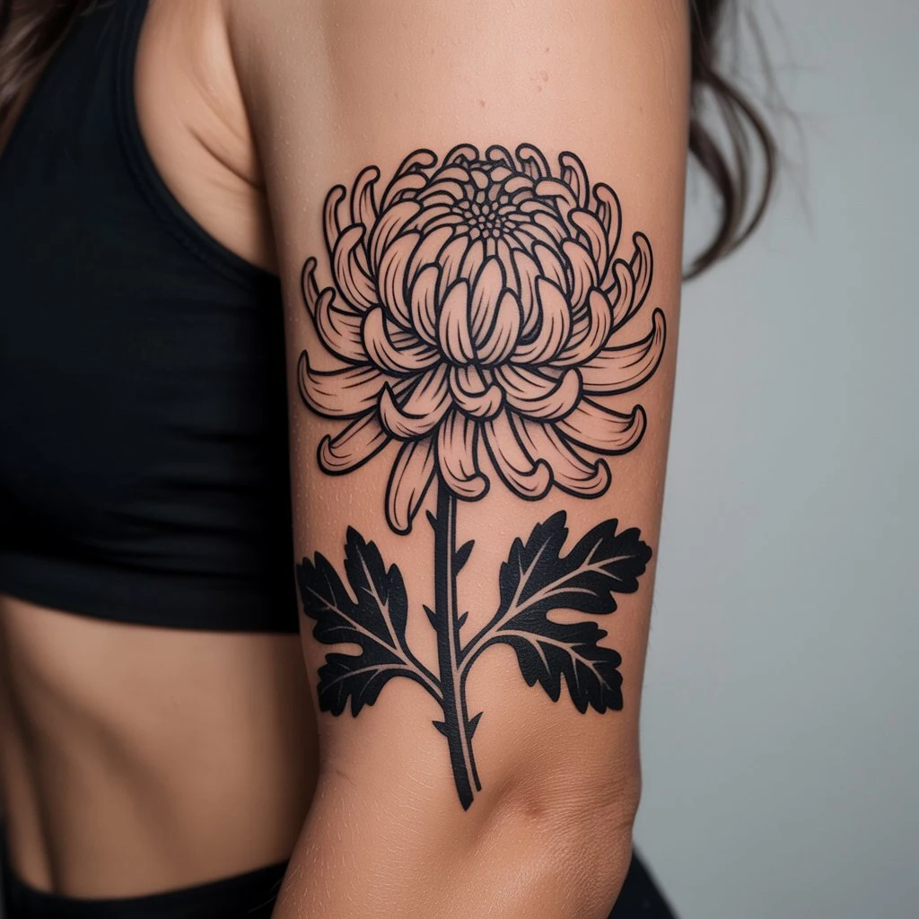 18. Bold Chrysanthemum Tattoo with Leaves