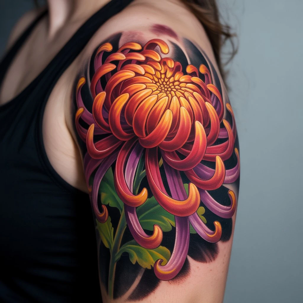 19. Vibrant Chrysanthemum Tattoo with Curling Petals