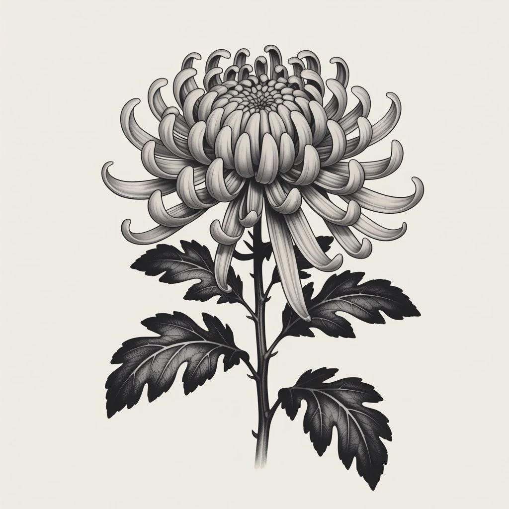 20. Detailed Chrysanthemum Tattoo with Leaf Design