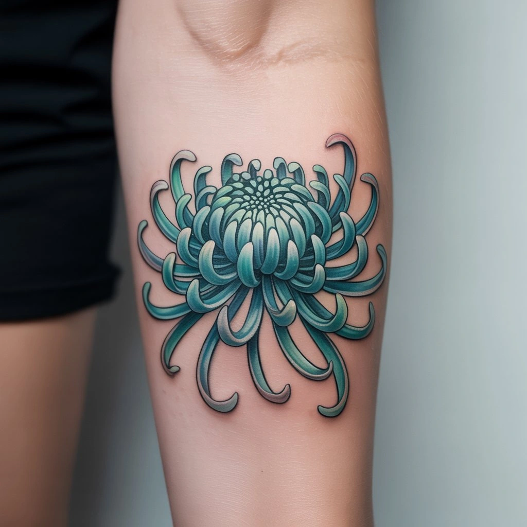 22. Teal Chrysanthemum Tattoo with Curved Petals