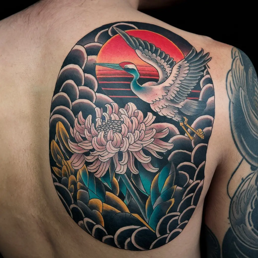 23. Chrysanthemum Tattoo with Crane and Sun