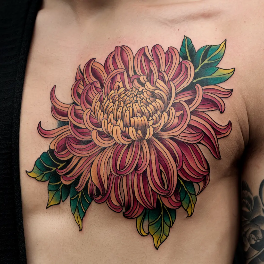 24. Colorful Chrysanthemum Tattoo with Leaf Details