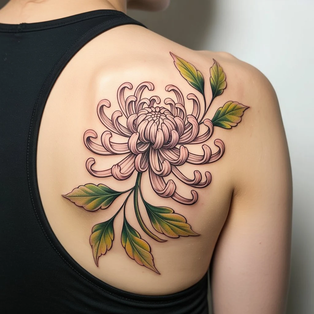 27. Intricate Chrysanthemum Tattoo with Leaves