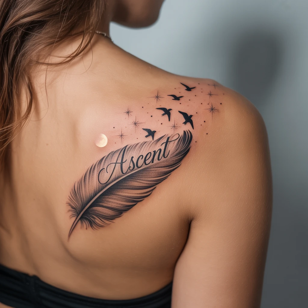 28. Feather Tattoo with Birds and Stars — “Ascent” (1)