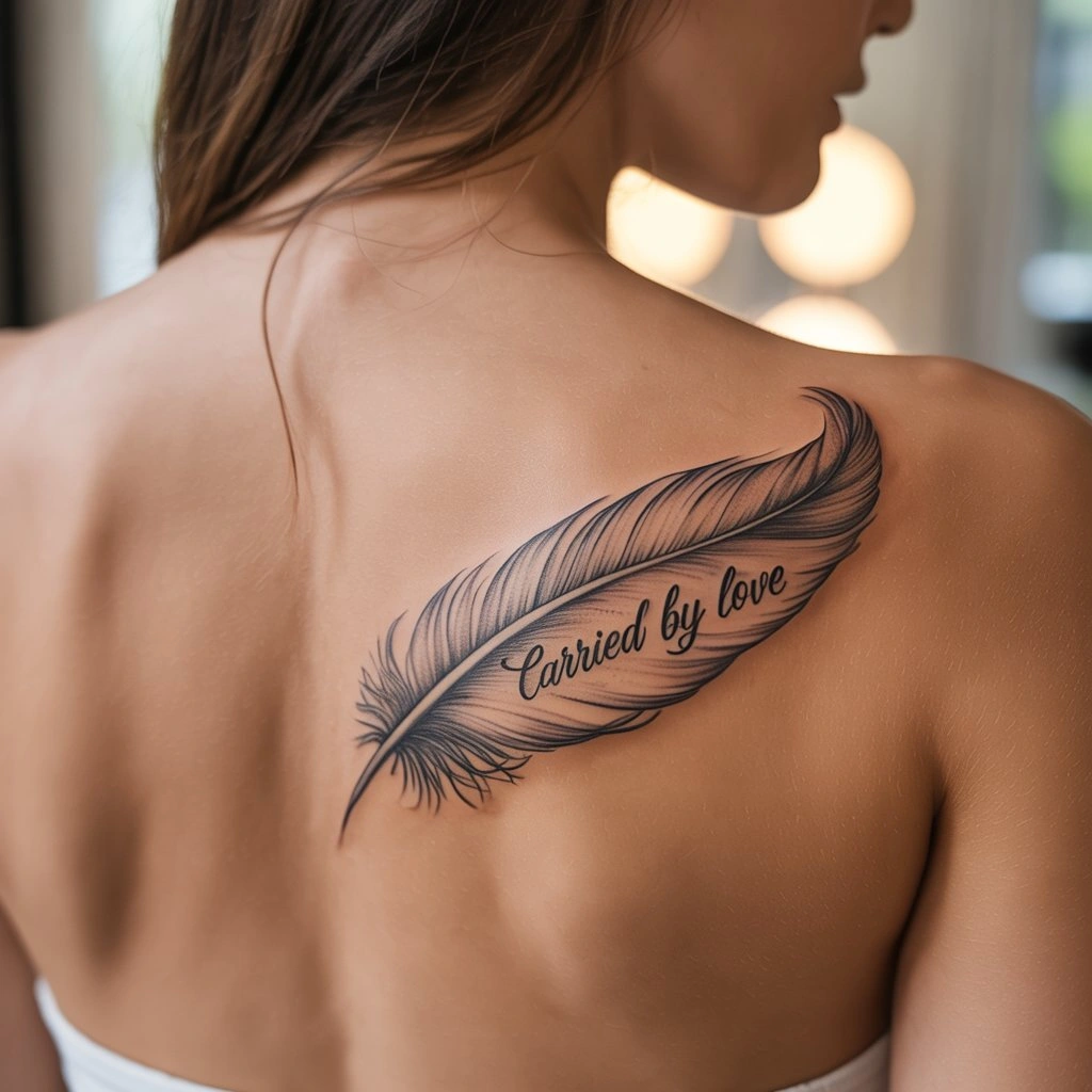32. Feather with Personal Names — “Carried by Love”