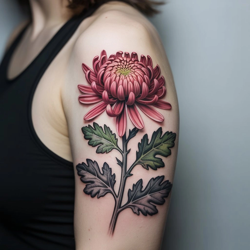 32. Lifelike Chrysanthemum Tattoo with Leaf Detail