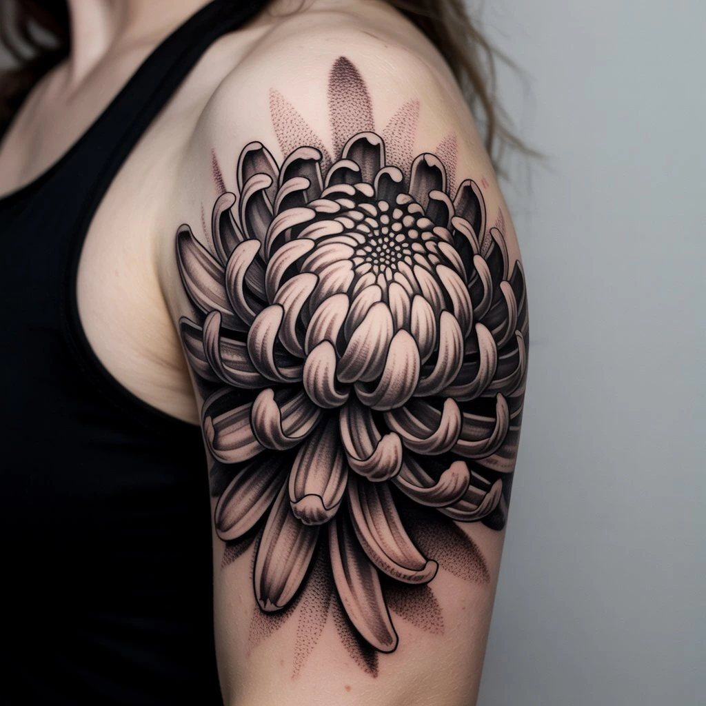 35. Detailed Black and Gray Chrysanthemum Tattoo