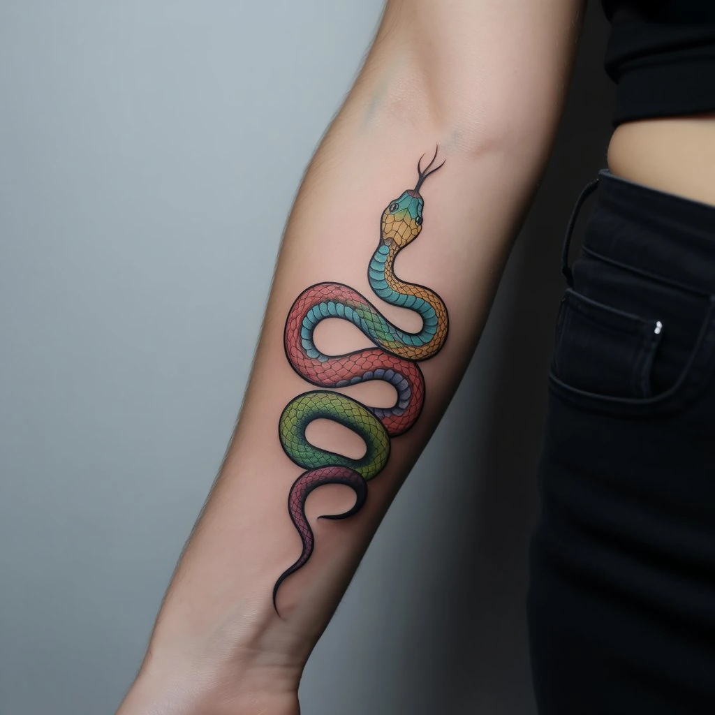 37. Colorful Snake Design on Inner Arm