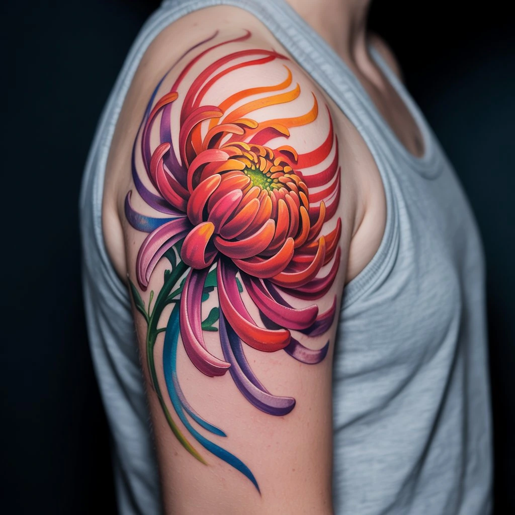 37. Vibrant Chrysanthemum Tattoo with Flowing Lines