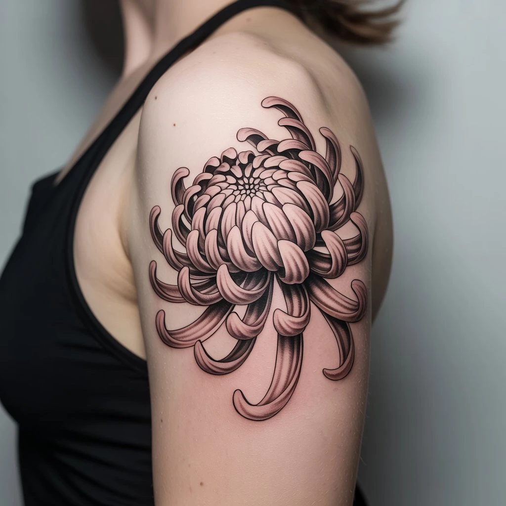 38. Intricate Chrysanthemum Tattoo on Shoulder