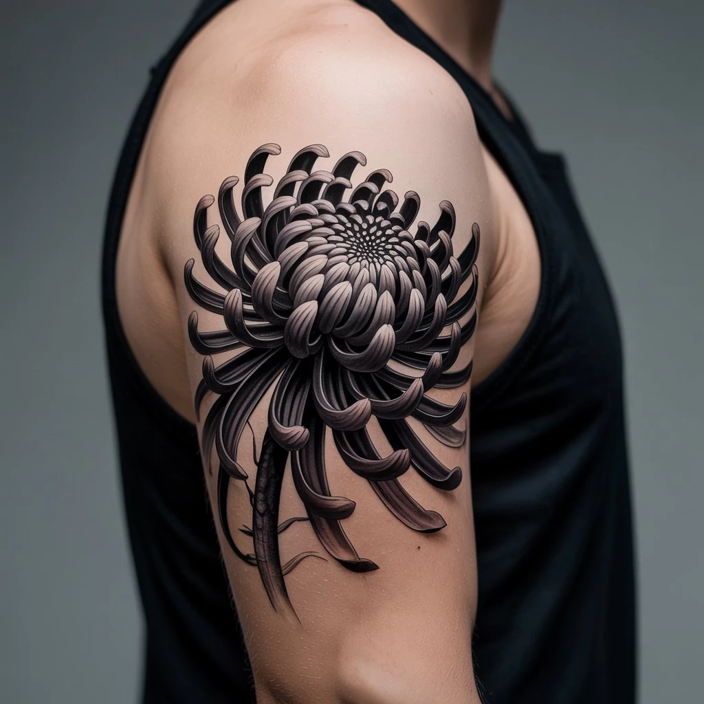 4. Intricate Black Chrysanthemum Tattoo