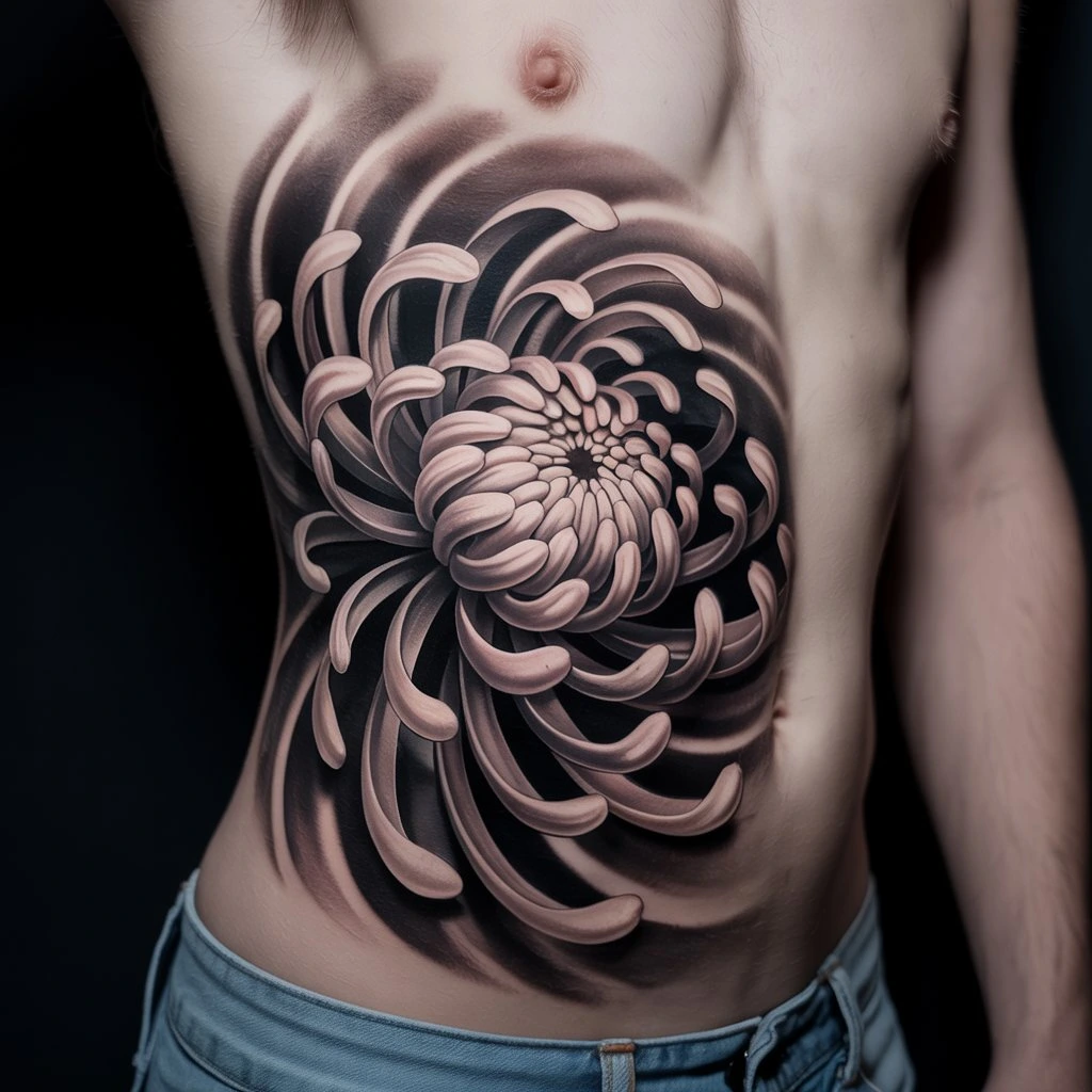 42. Swirling Chrysanthemum Tattoo with Deep Shadows