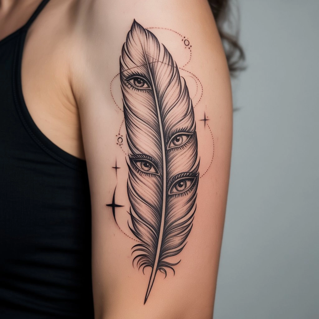 44. Intricate Feather Design with Eye Accents — “Watcher’s Plume”