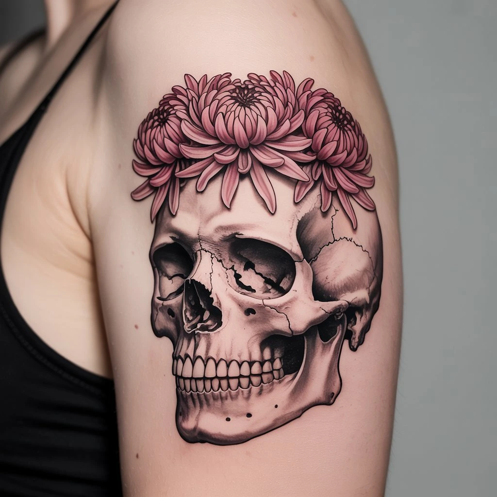 45. Skull with Chrysanthemum Tattoo Crown — “Memento Bloom”