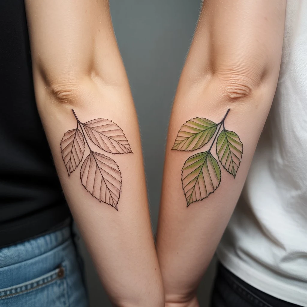 46. Coordinated Leaf Tattoos on Arms