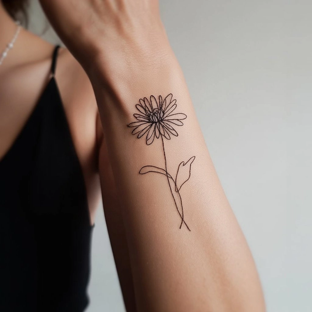 46. Minimalist Single-Line Chrysanthemum Tattoo
