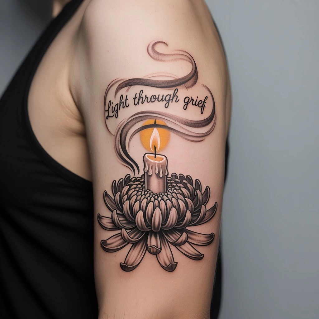 48. Chrysanthemum Tattoo with Candle and Smoke — “Light Through Grief”