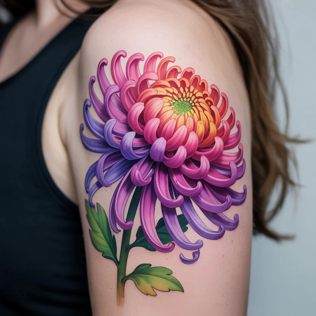 6. Bright Colors and Layered Petals Chrysanthemum Tattoo