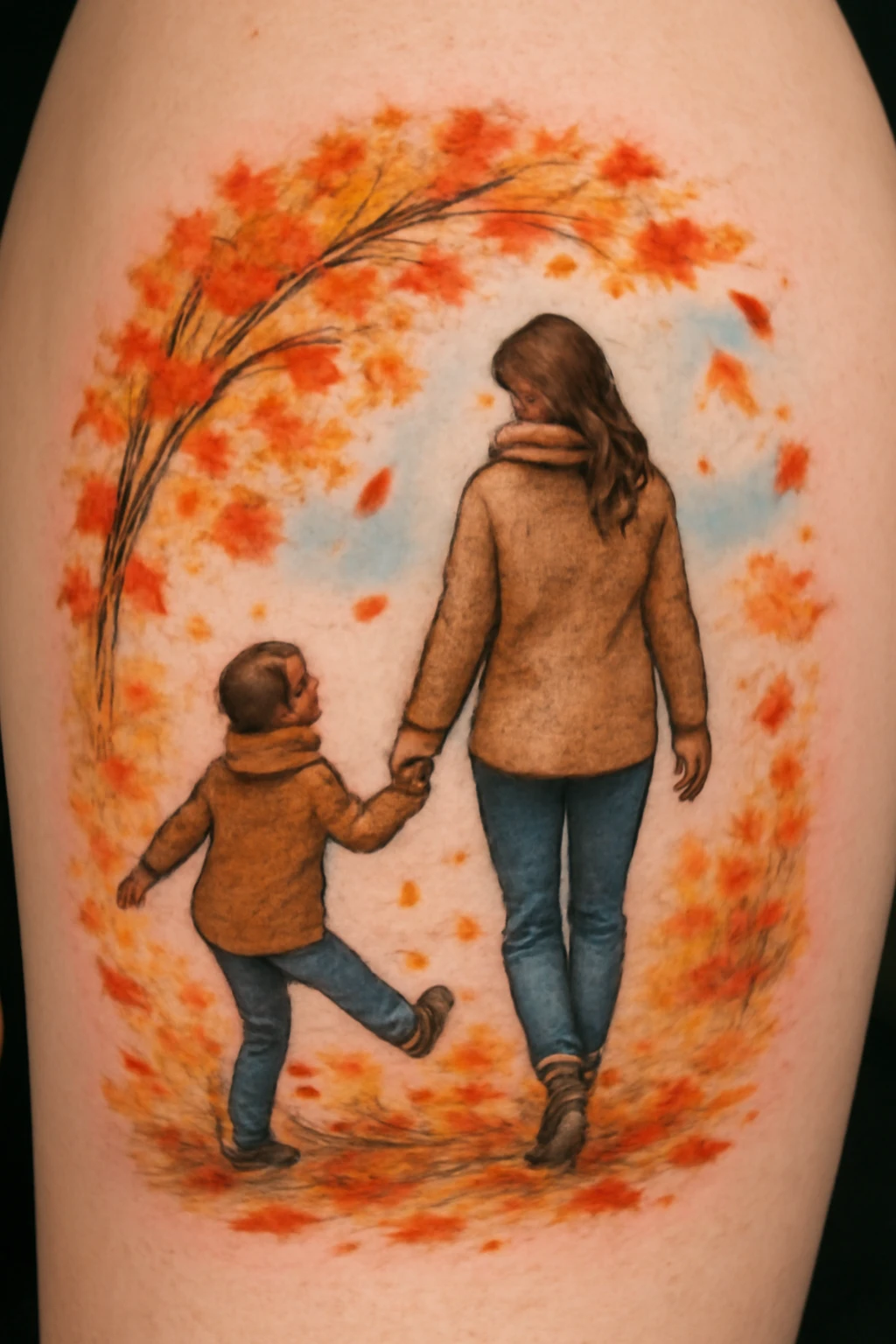 Autumn Walk: A Colorful Mother and Son Tattoo