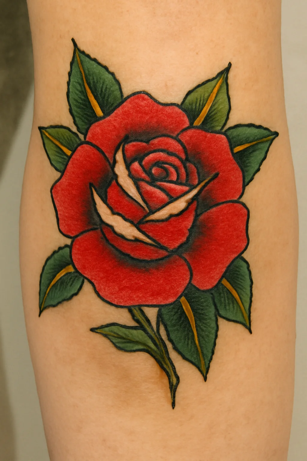 Bold Red Rose with Green Leaves