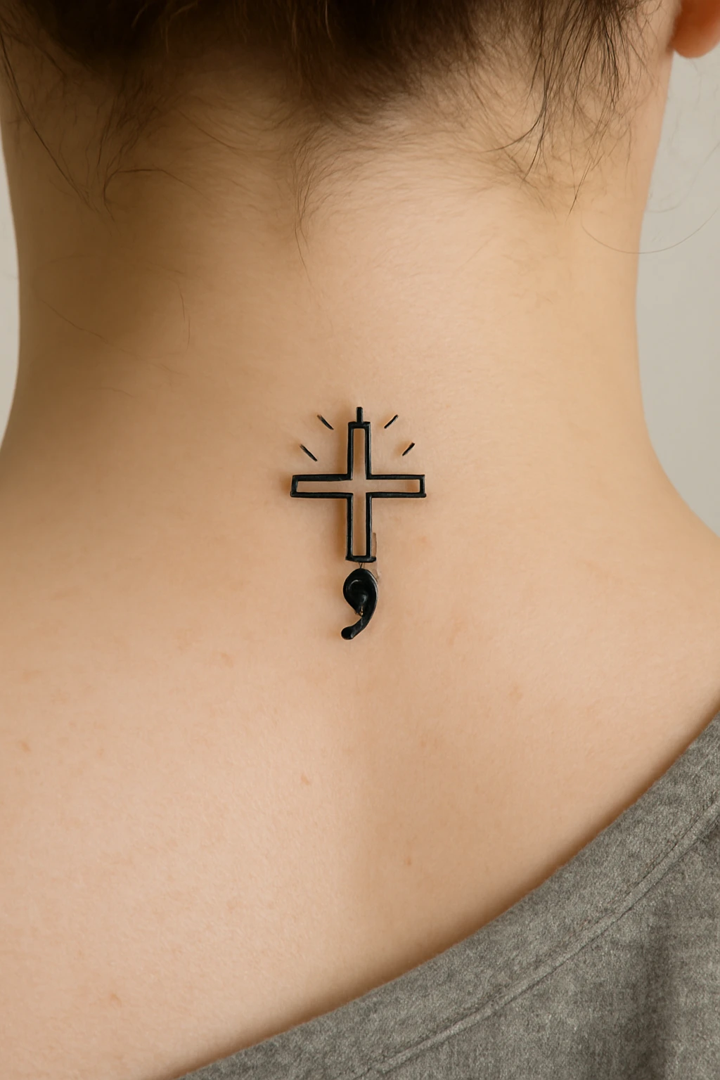 Cross and Semicolon Neck Tattoo — “Nape Narrative”