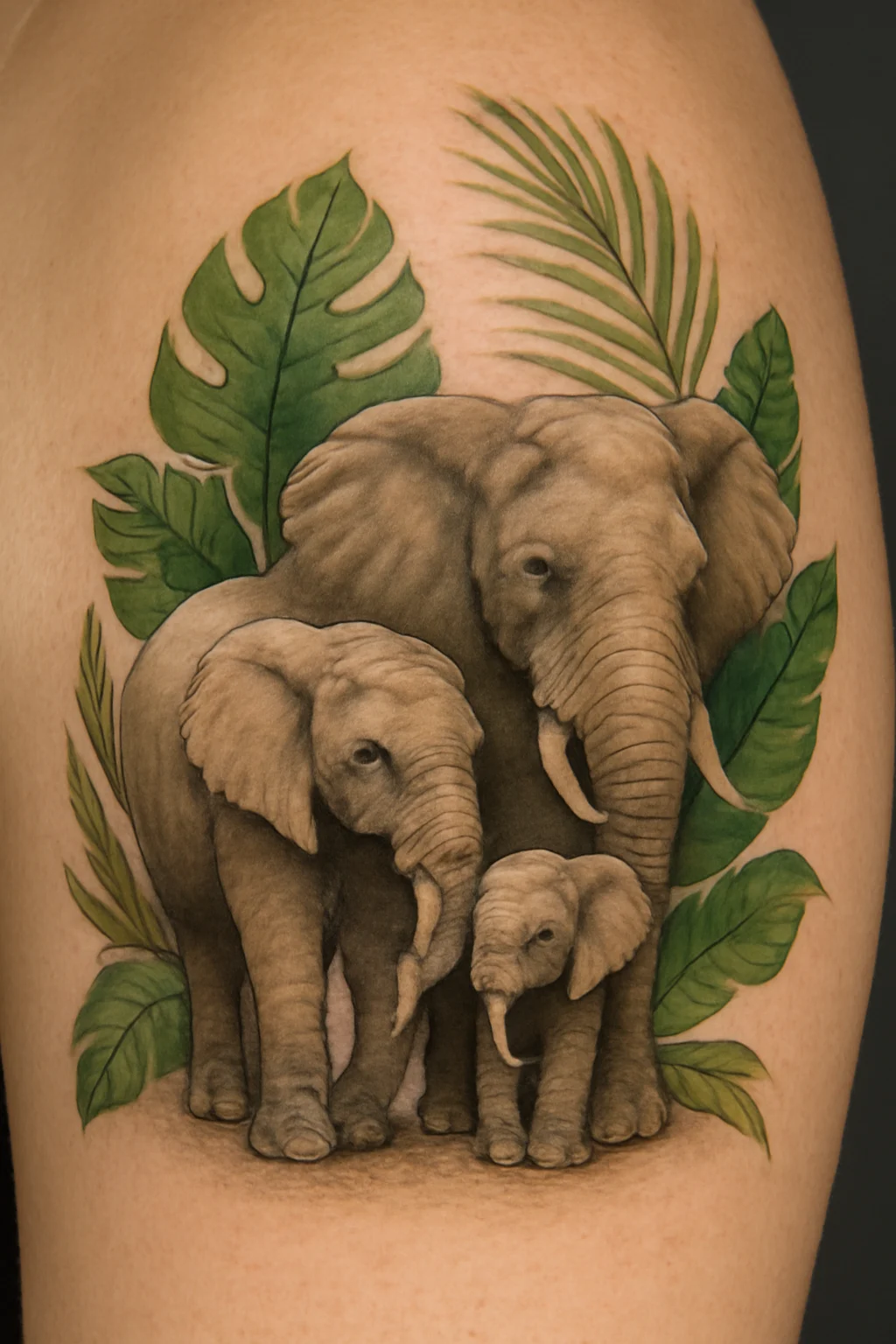 Elephant Family Tattoo with Tropical Leaves