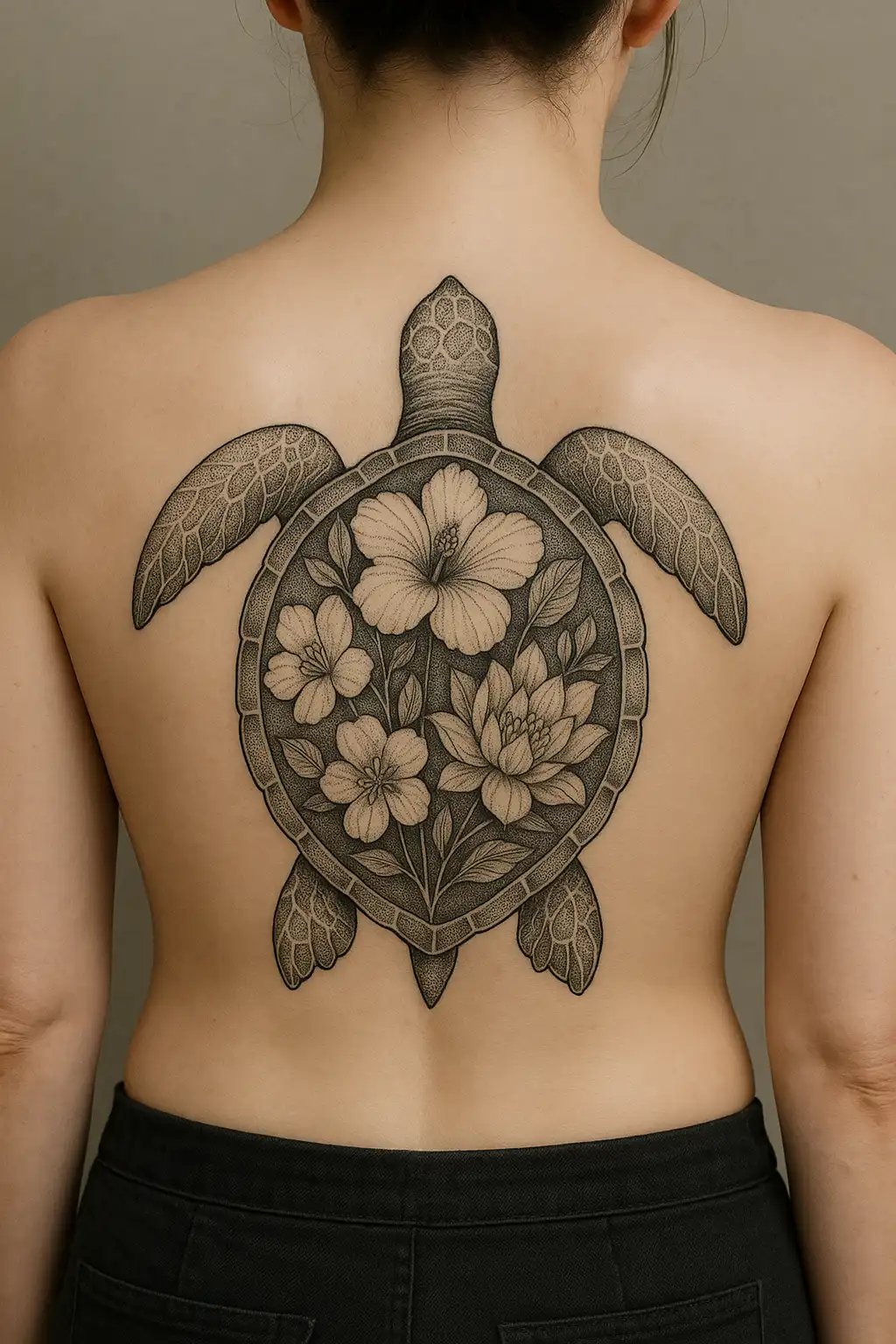 Floral Sea Turtle Back Tattoo