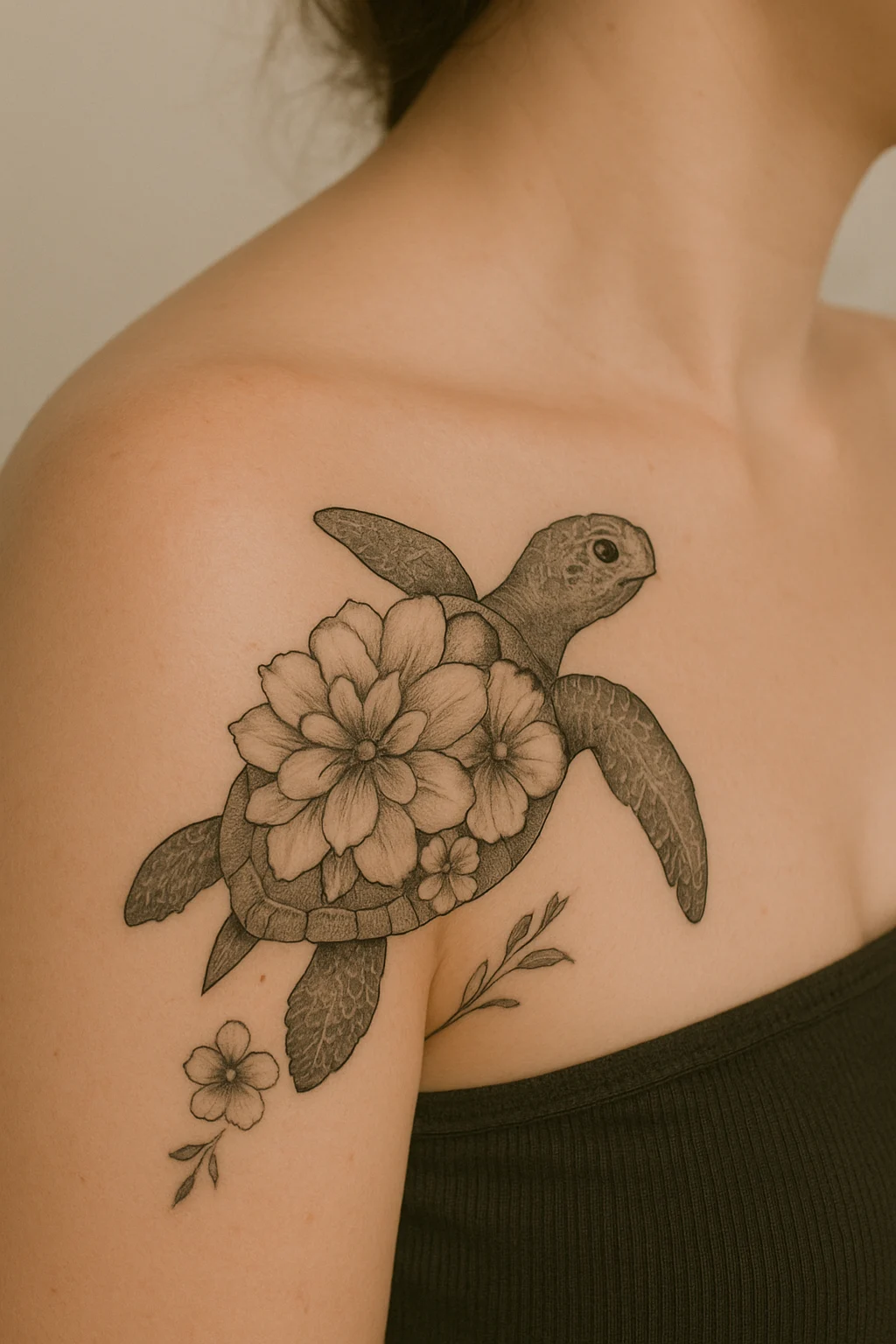 Floral Sea Turtle Shoulder Tattoo