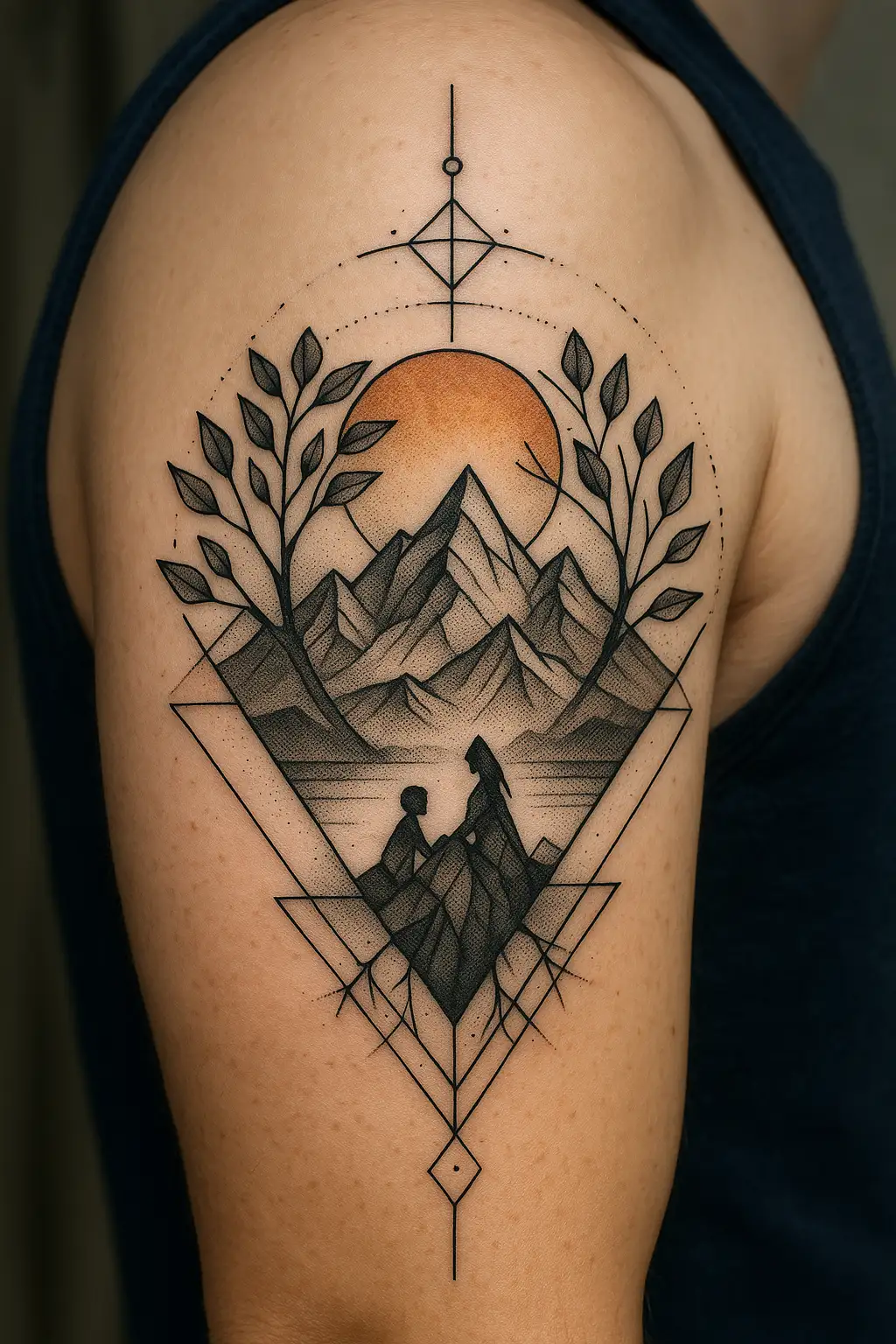 Geometric Mountain and Sun Tattoo