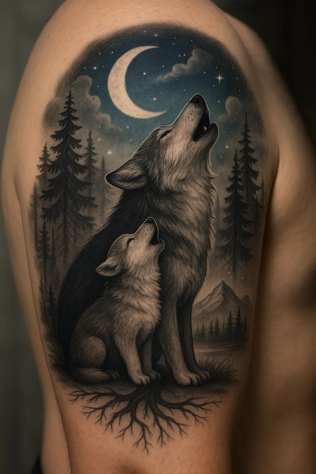 Howling Wolf Mother and Son Tattoo