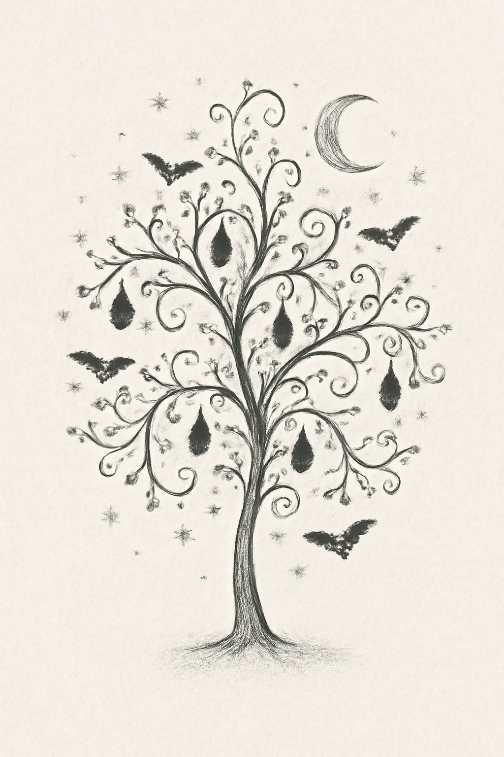 Intricate Tree Design with Bats — “Nocturne Bloom”