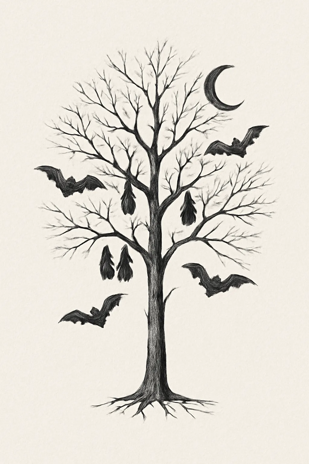 Intricate Tree Design with Bats — “The Night’s Refuge”