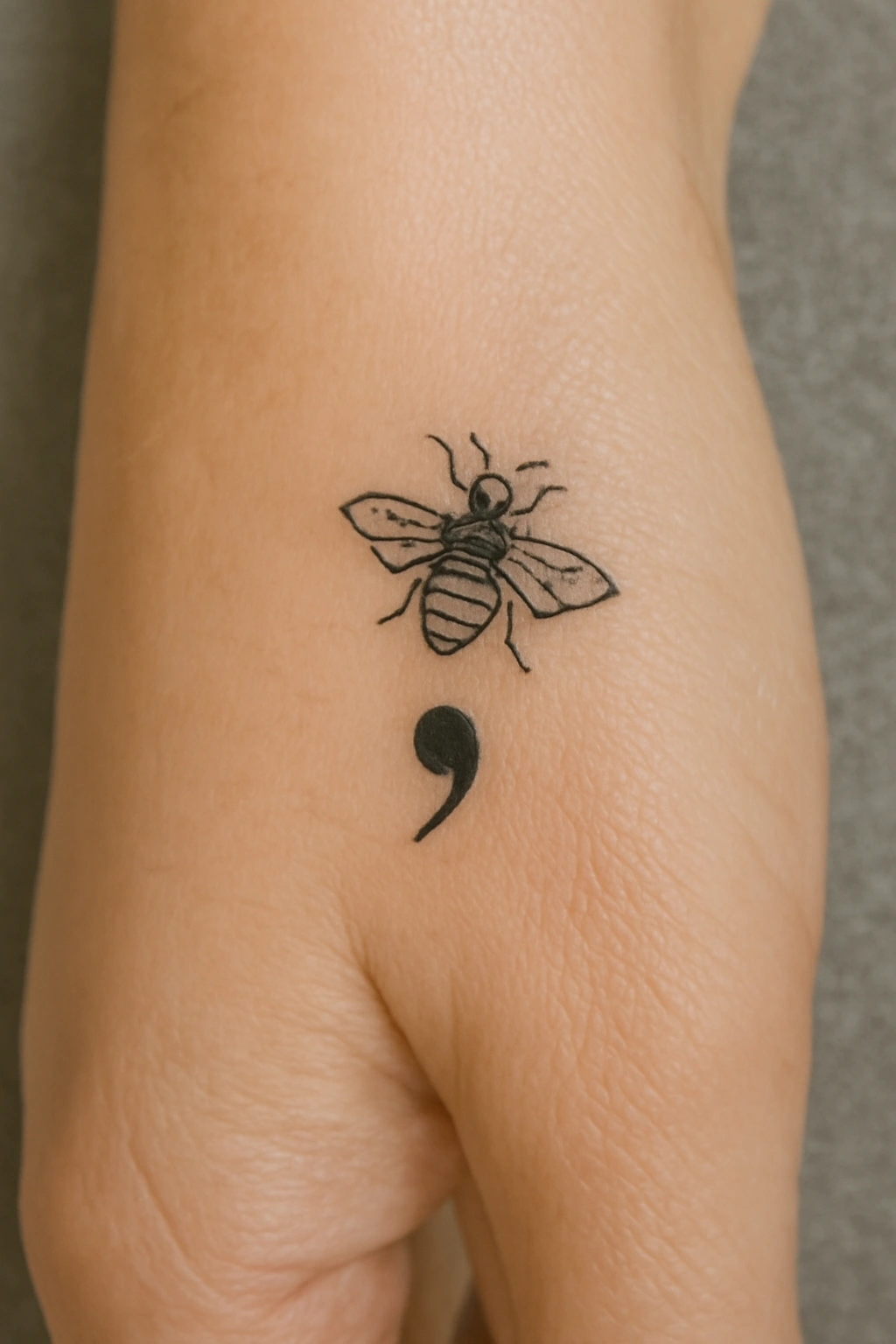 Mini Semicolon Bee Tattoo — "Tiny Buzz" (Outer Hand Design)