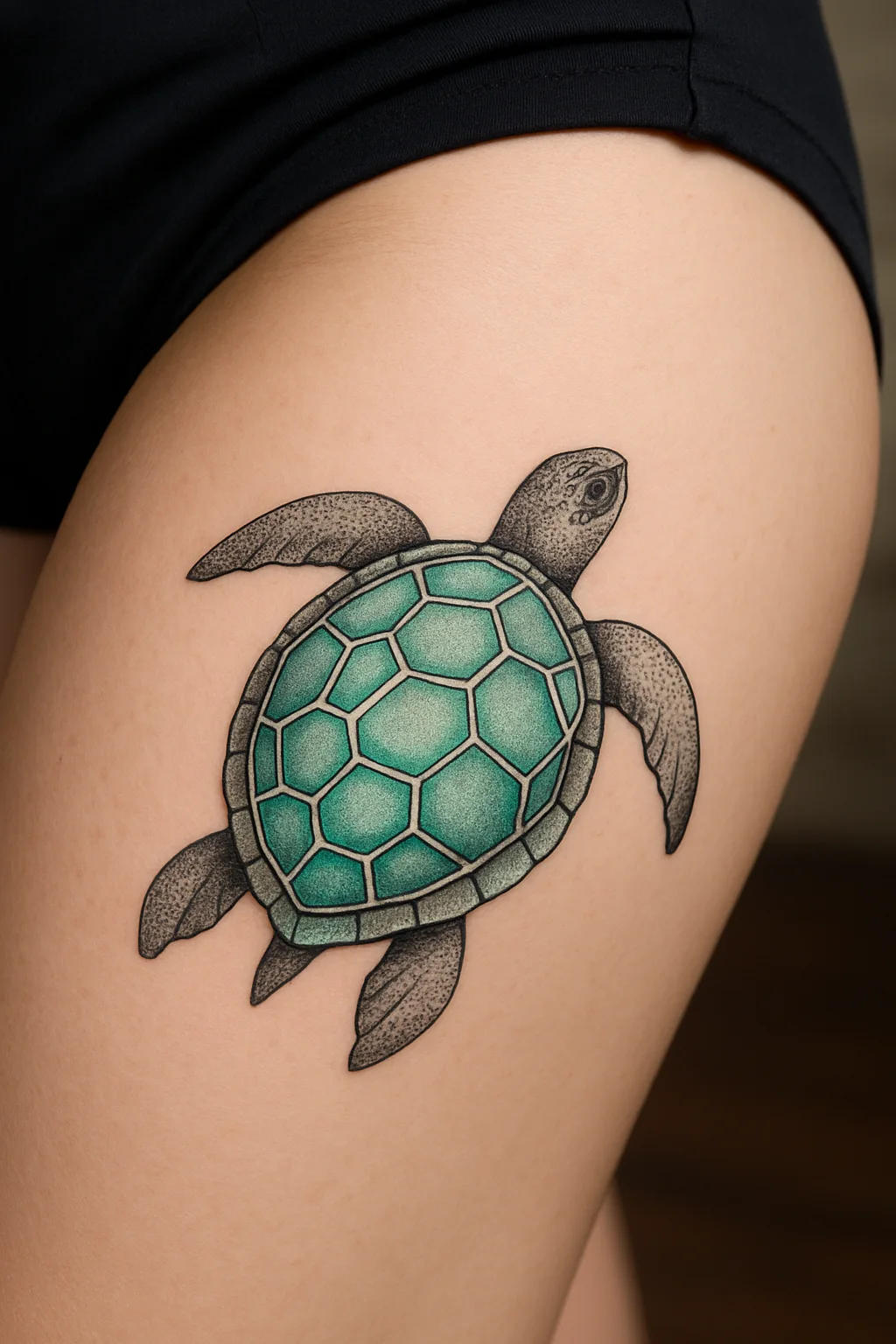 Mosaic Sea Turtle Thigh Tattoo