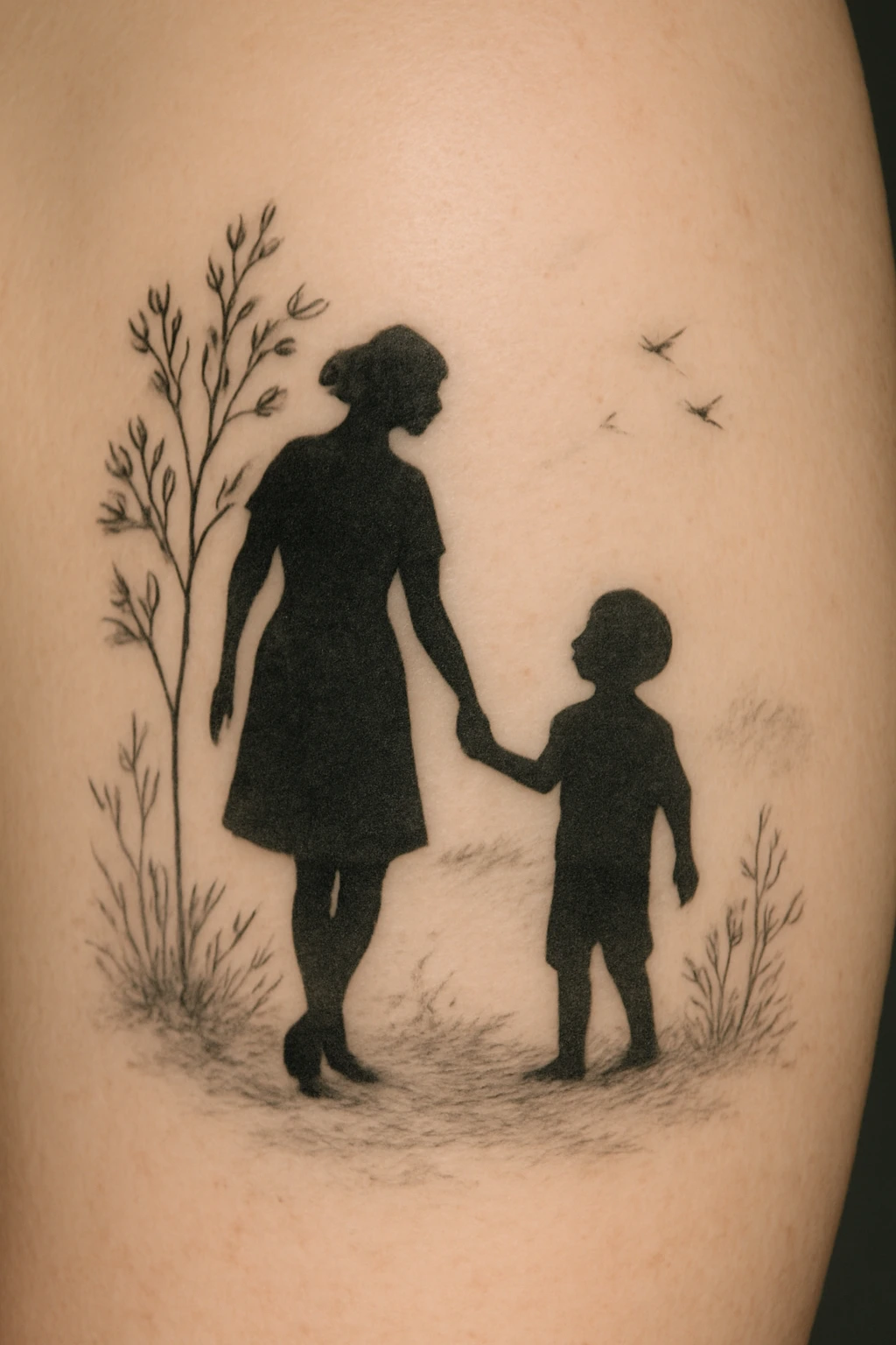 Mother and Son Nature Walk Silhouette Tattoo