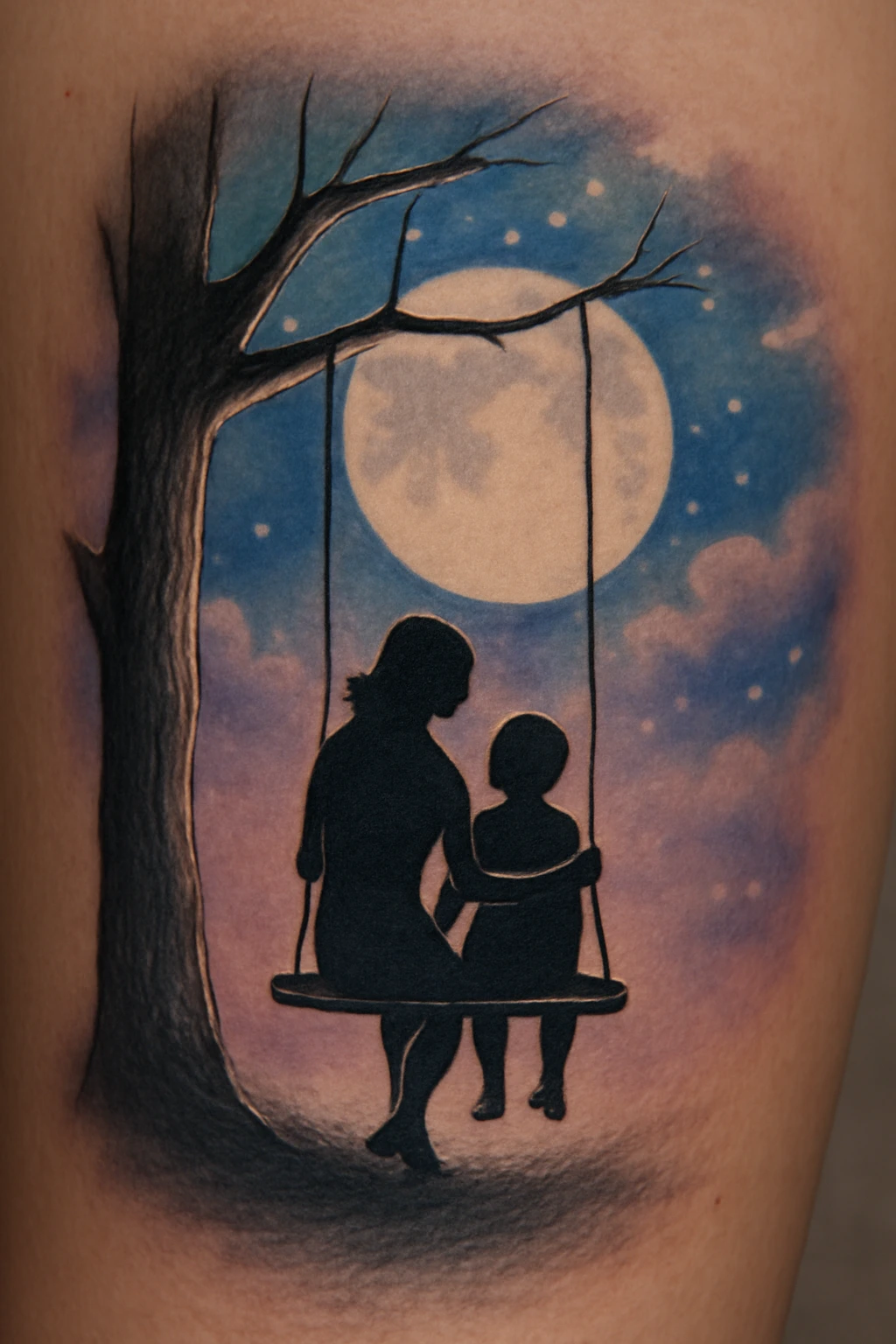 Mother and Son Swing Under the Moon Tattoo