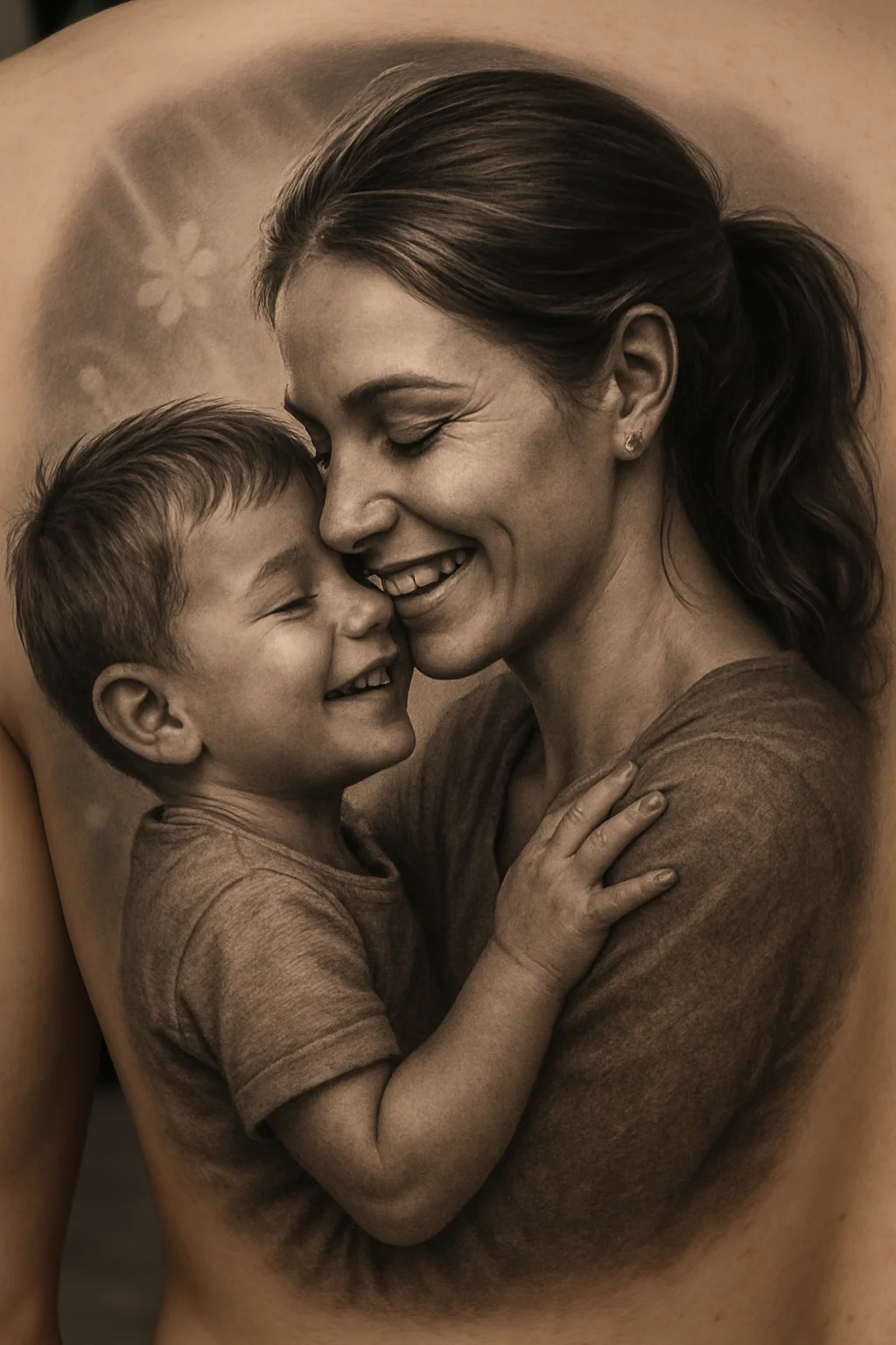 Realistic Portrait Mother and Son Tattoo