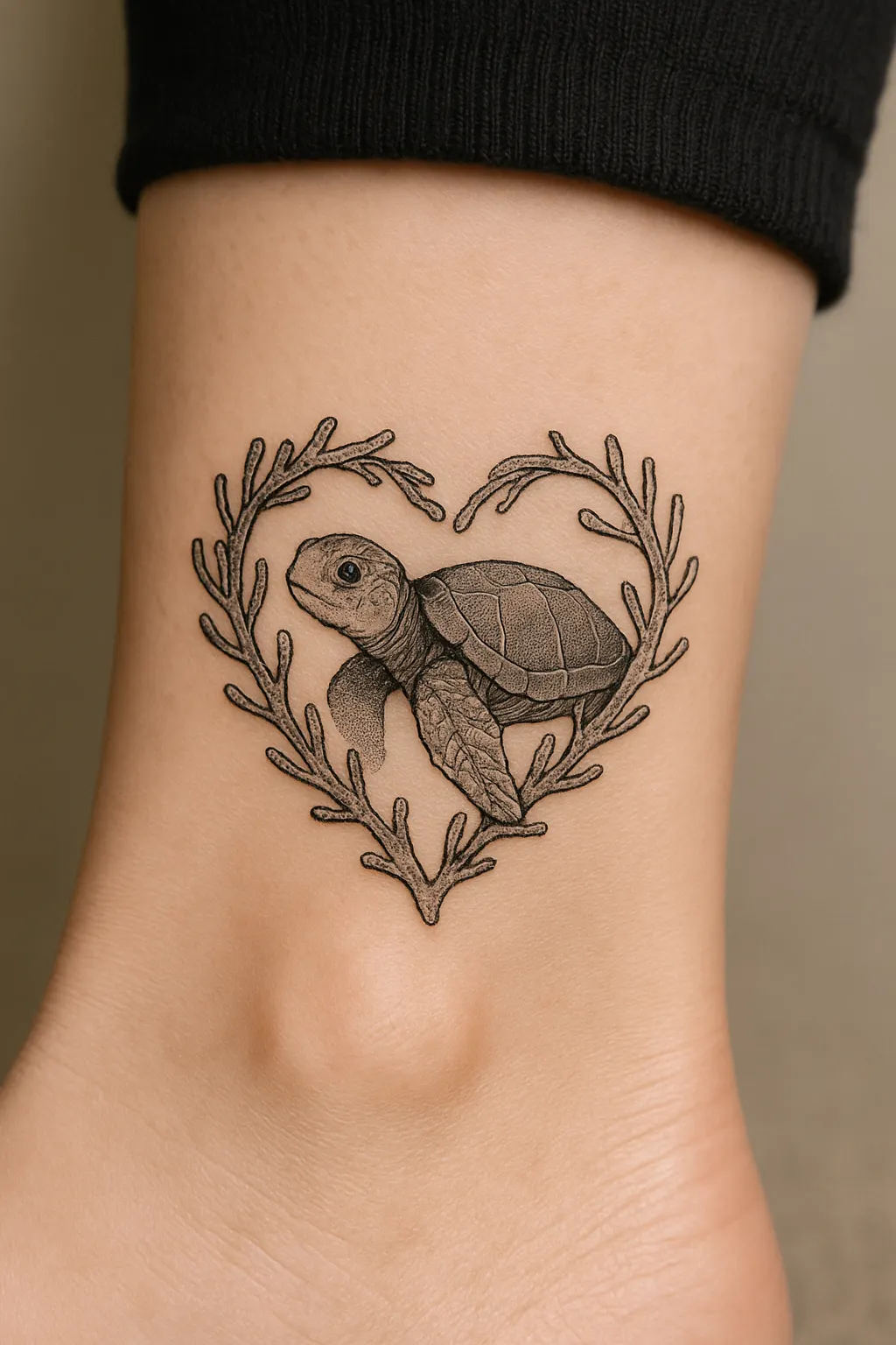 Sea Turtle Within a Coral Heart Tattoo