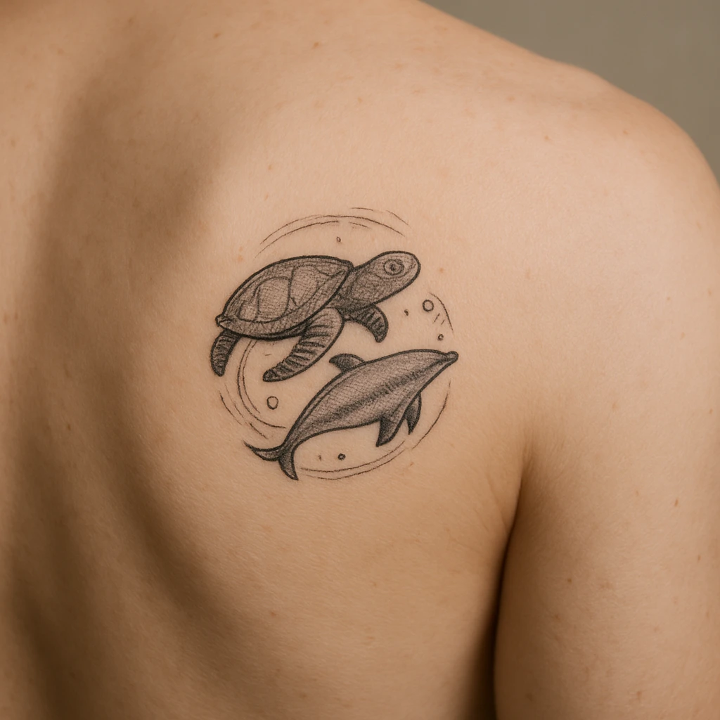 Sea Turtle and Dolphin Duo Tattoo