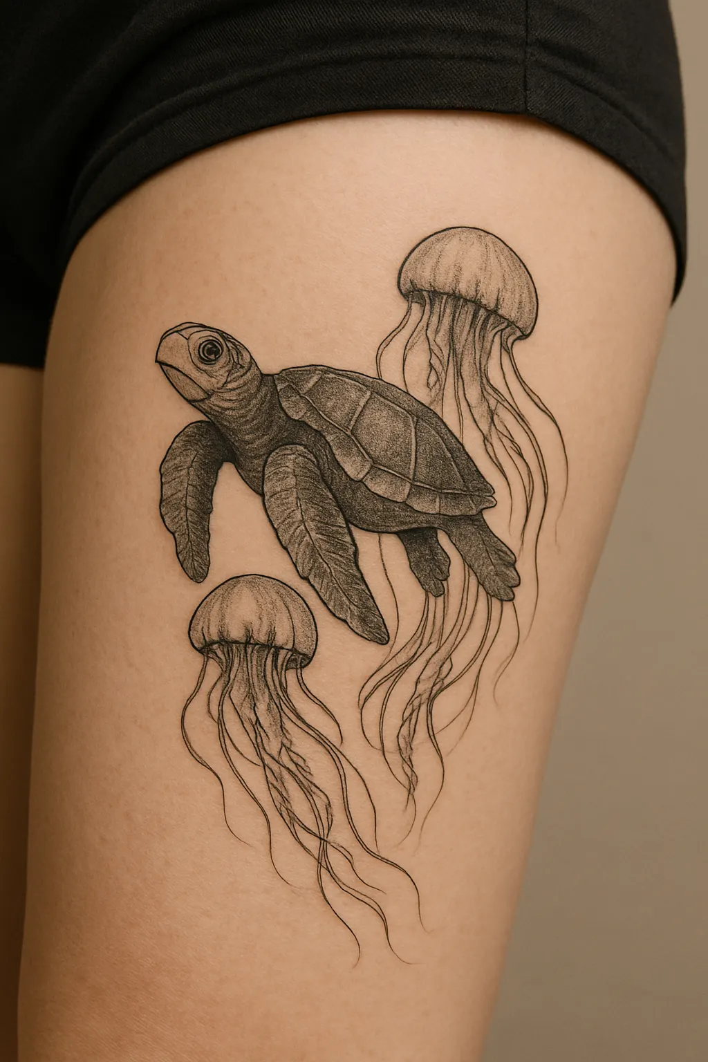 Sea Turtle and Jellyfish Thigh Tattoo