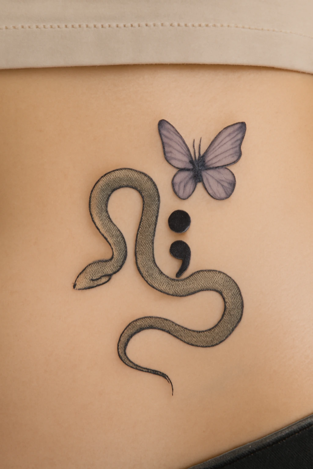 Semicolon with Snake and Butterfly Tattoo — “Serenity Through Transformation”