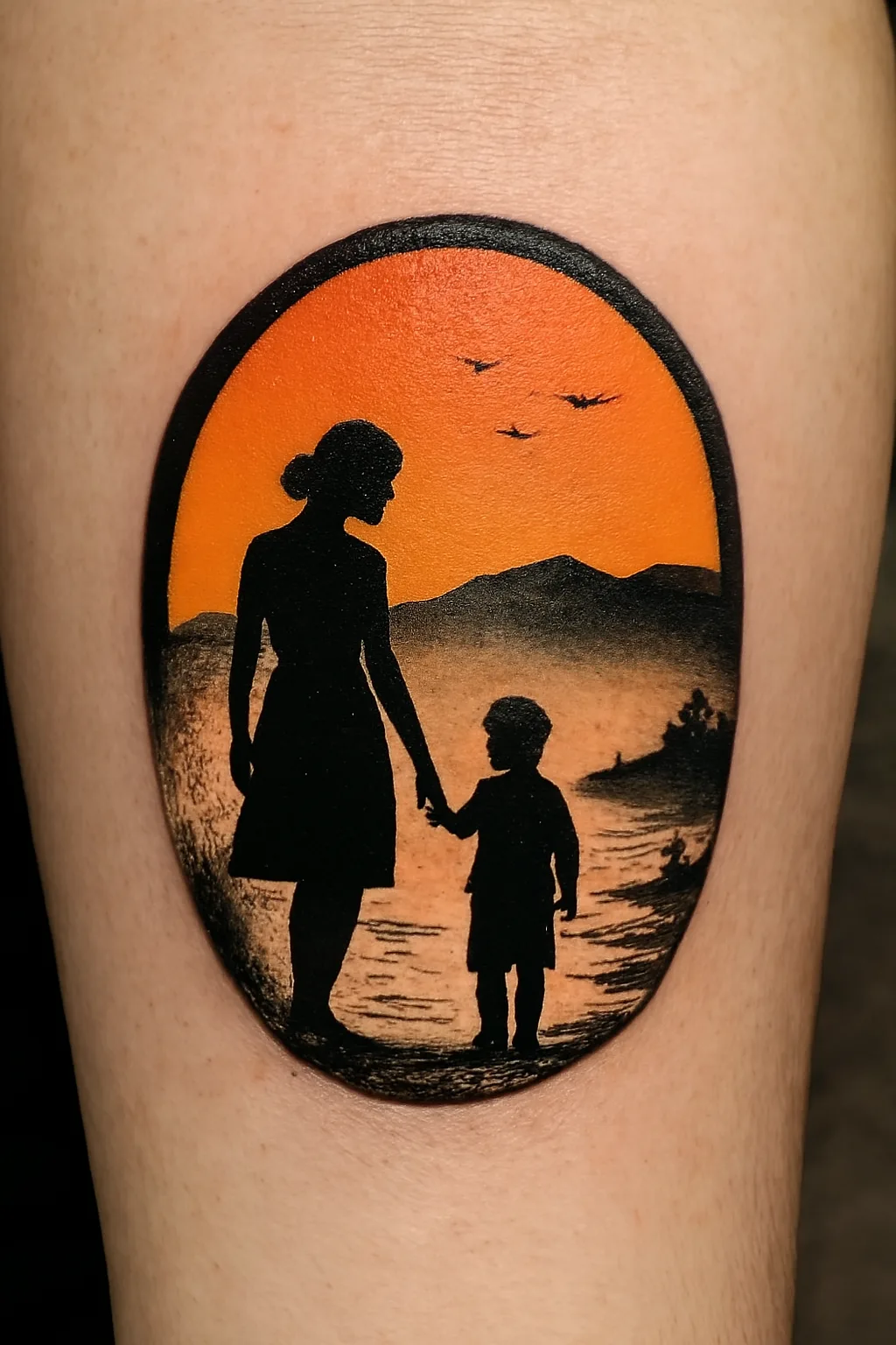 Silhouette Sunset Mother and Son Tattoo