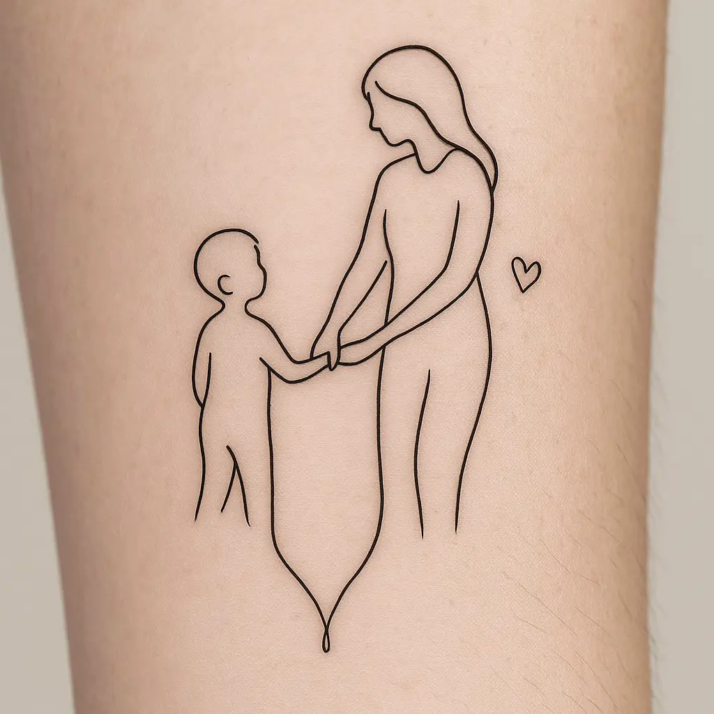 Simple Line Art Mother and Son Tattoo