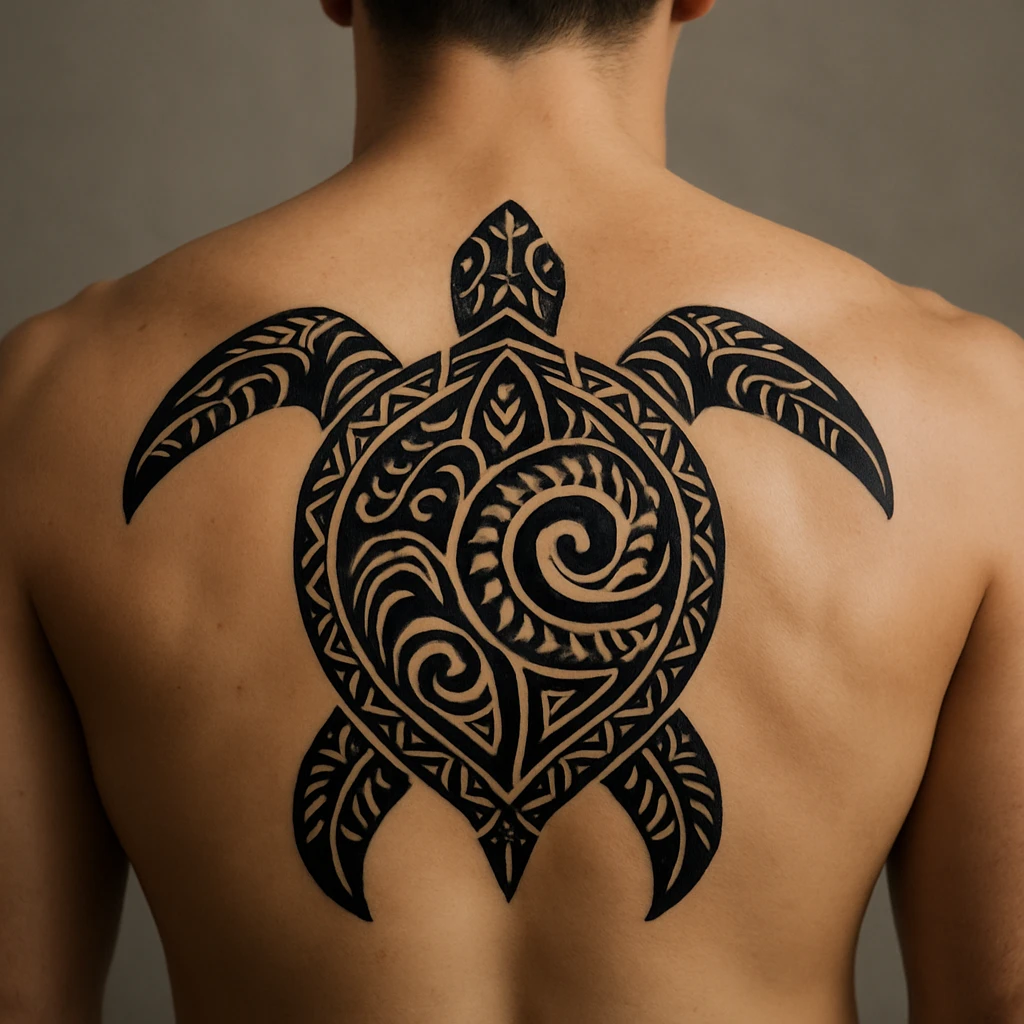 Tribal Sea Turtle Upper Back Tattoo