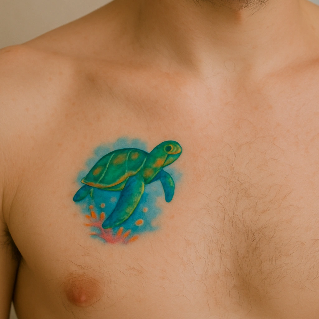 Vibrant Chest Sea Turtle Tattoo